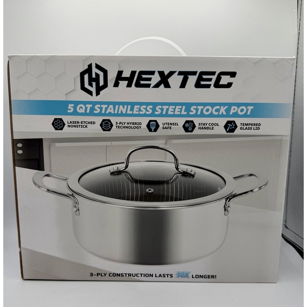 HEXTEC 5QT Stainless Steel Stock Pot w/Tempered Glass Lid 3 Ply Hybrid Brand New
